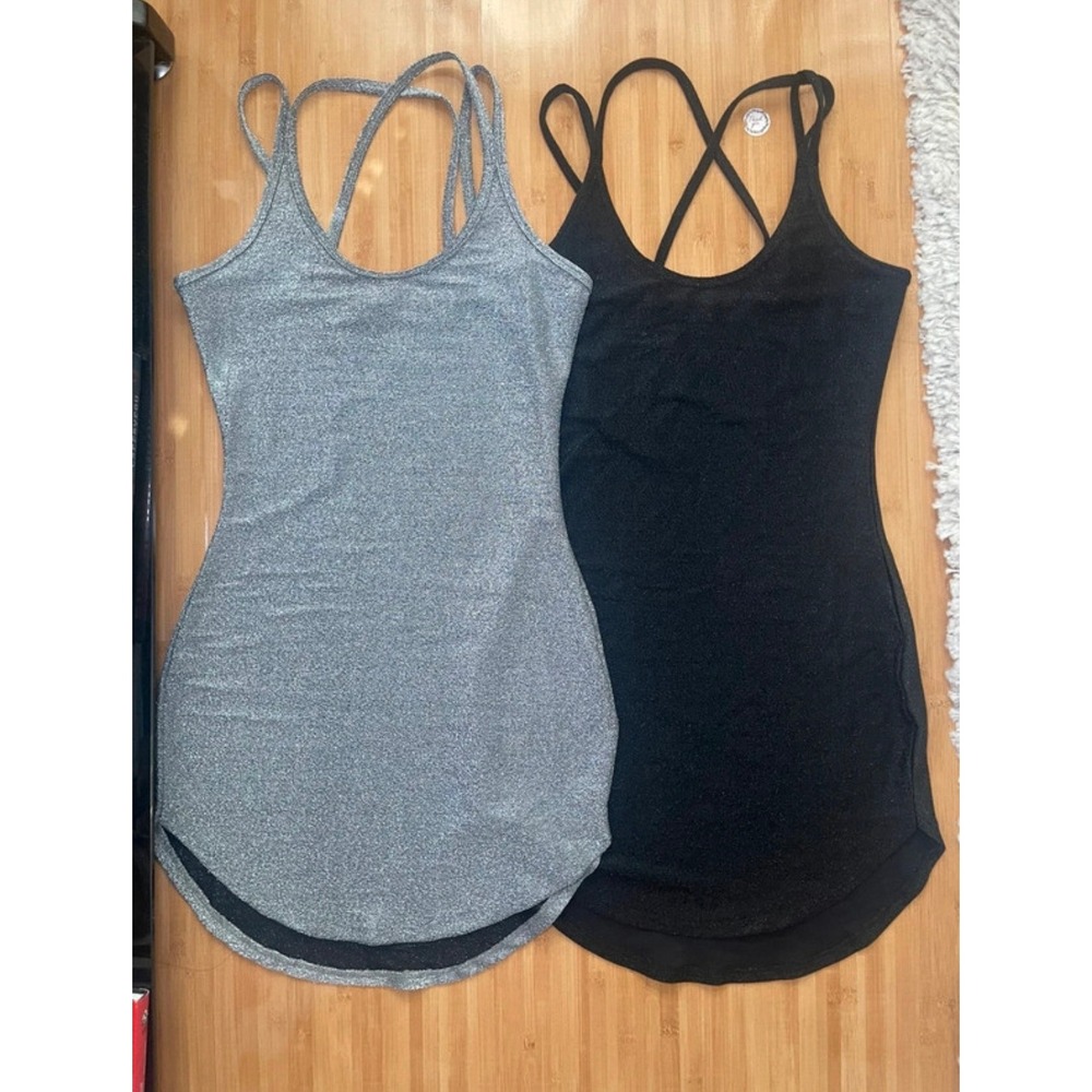 Set of 2 Metallic Shimmer Bodycon Mini Dresses Strappy Back Silver Black Womens